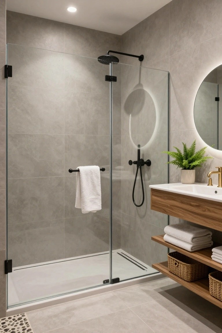 Modern bathroom with light gray tiled walls, frameless glass shower enclosure featuring rainfall showerhead and handheld sprayer, floating wood vanity with gold faucet, round backlit mirror, and potted plant.