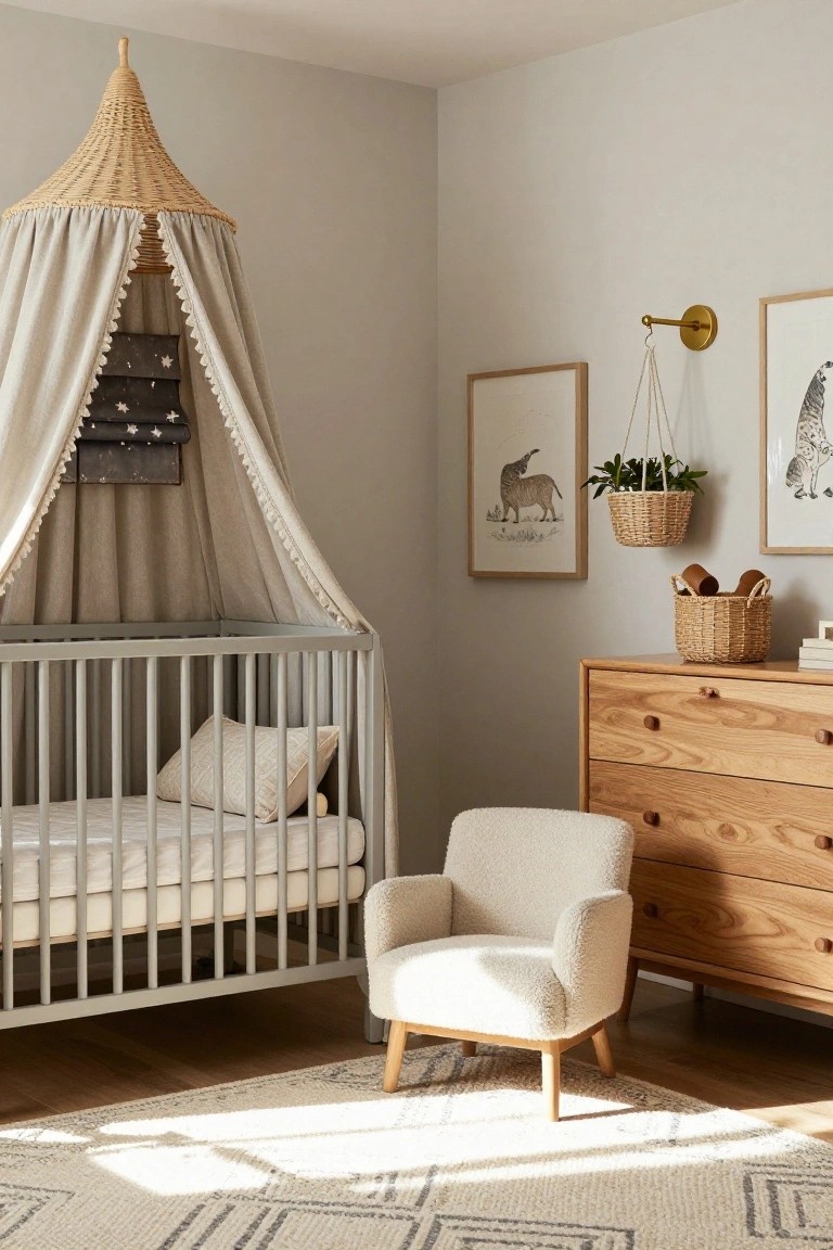 A nursery corner with a gray metal crib under a conical rattan and beige fabric canopy, beside a wooden dresser, white boucle armchair, woven baskets, hanging plant, and framed animal prints on light gray walls.