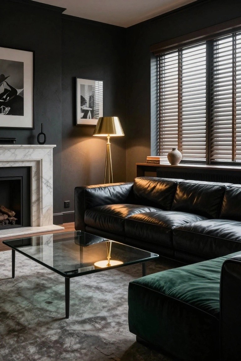 A living room interior featuring a black leather sofa, glass coffee table, gold floor lamp, marble fireplace, and dark walls with wooden blinds over windows.