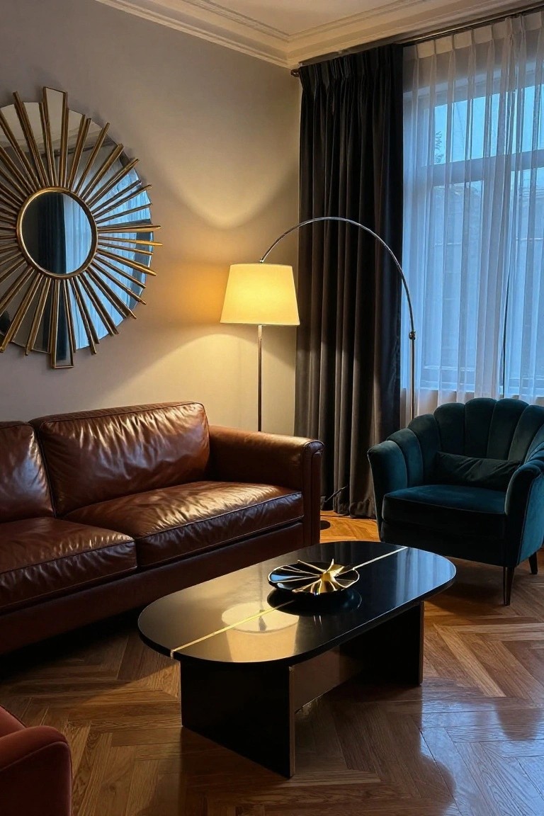 Living room interior with brown leather sofa, emerald green velvet shell chair, black oval coffee table holding gold bowl, large gold sunburst mirror, arc floor lamp with white shade, dark curtains and sheer drapes over windows, on herringbone parquet floor.