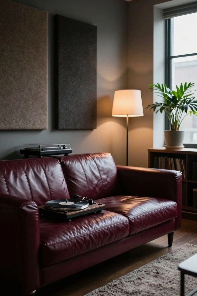 Deep burgundy leather two-seater sofa with a wooden turntable and black vinyl record on the seat cushion, in a room featuring gray acoustic wall panels, a white floor lamp, potted plant, bookshelf, and window.