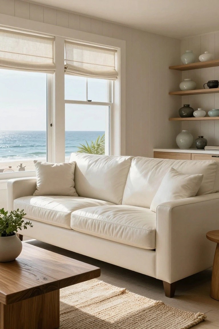 Cream leather sofa in a light beige living room with large windows overlooking the ocean and beach, wooden coffee table, potted plant, and shelves displaying ceramic vases.