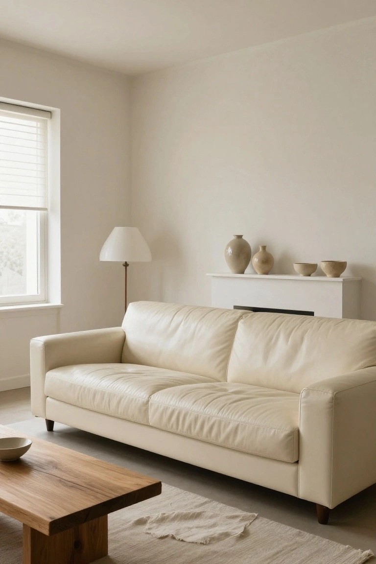 A light cream leather three-seater sofa in a minimalist living room with beige walls, wooden coffee table, floor lamp, white fireplace mantel holding ceramic vases and bowls, and a window with roller blinds.