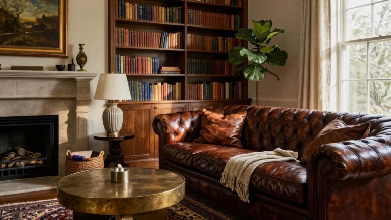 Tufted brown leather Chesterfield sofa in a living room with wood bookshelves, marble fireplace, brass coffee table, Persian rug, and potted fiddle leaf fig plant.