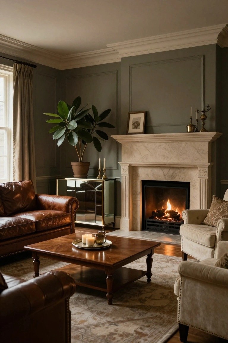 Living room with brown leather tufted sofas facing a lit marble fireplace on green paneled walls, wooden coffee table, large potted plant, gold sideboard, and beige armchairs on a patterned rug.