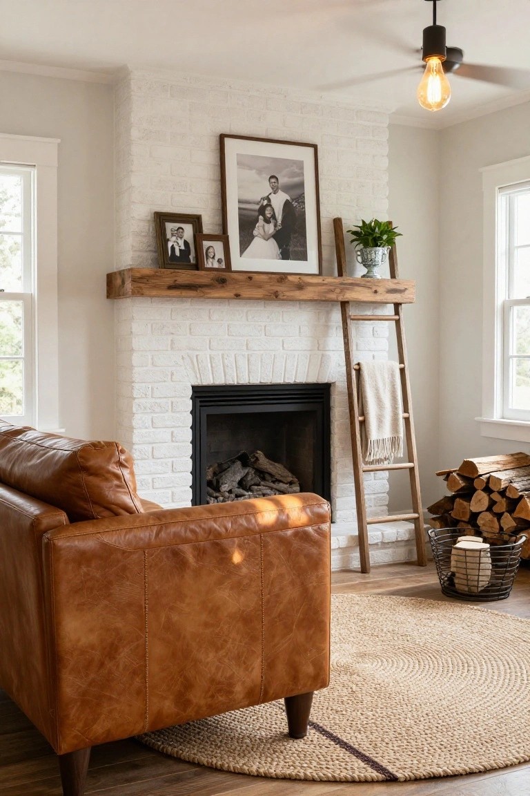 Tan leather sofa in a living room facing a white brick fireplace with wooden mantel, ladder with blanket, firewood basket, and seagrass rug on hardwood floor.
