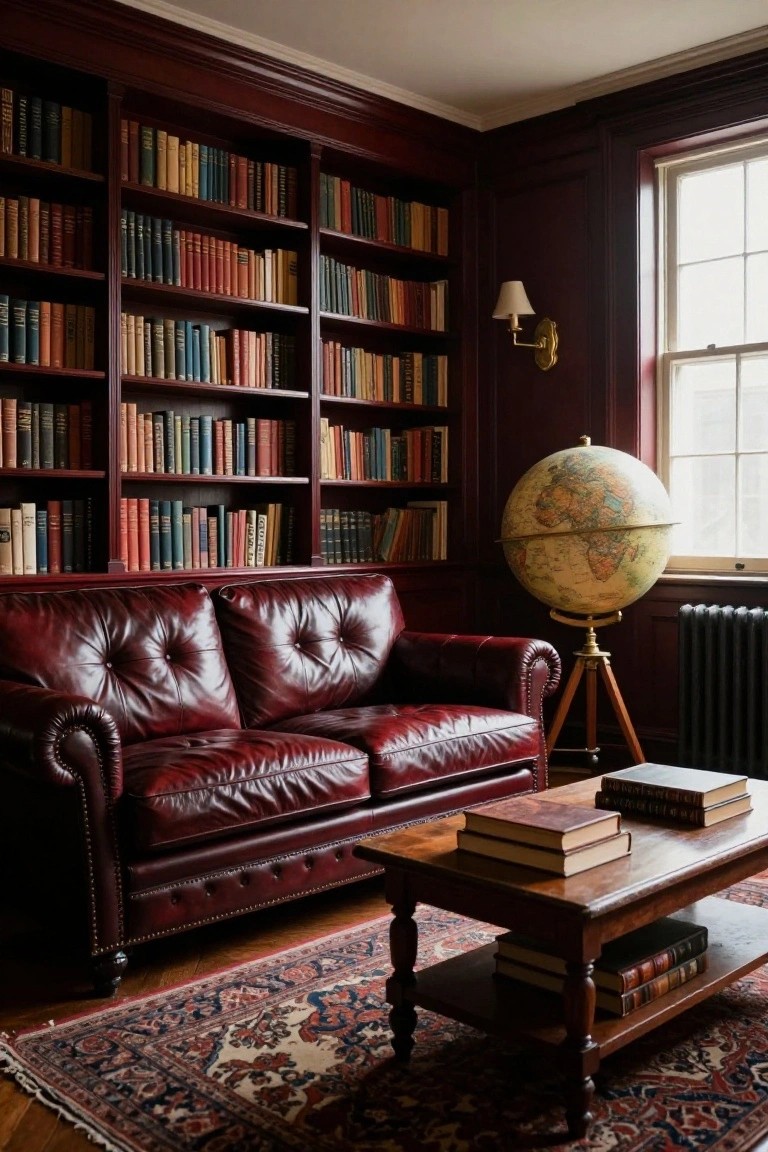 Wood-paneled library room with floor-to-ceiling bookshelves filled with books, a red tufted leather sofa, wooden coffee table stacked with books, antique globe on a stand, and a window with radiator.