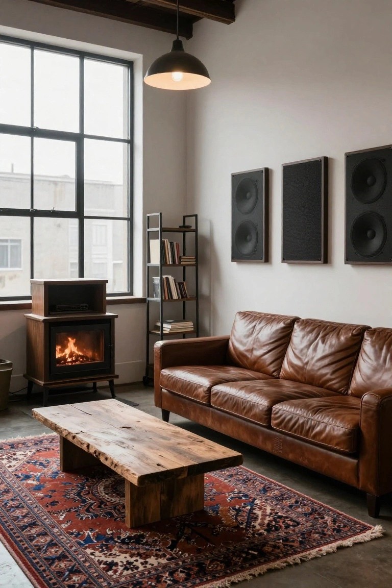 Industrial loft living room with brown leather three-seater sofa, live-edge wooden coffee table on red and blue Persian rug, wood-burning stove, black metal bookshelves with books, three large wall-mounted speakers, pendant light, and large multi-pane windows.