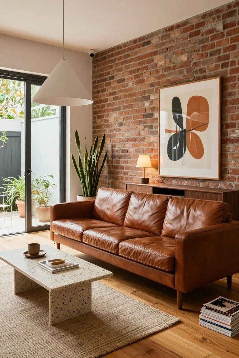 Tan leather three-seater sofa in a living room with exposed brick accent wall, potted snake plant, white lamp on wood media unit, terrazzo coffee table, and sliding glass doors to outdoor greenery.