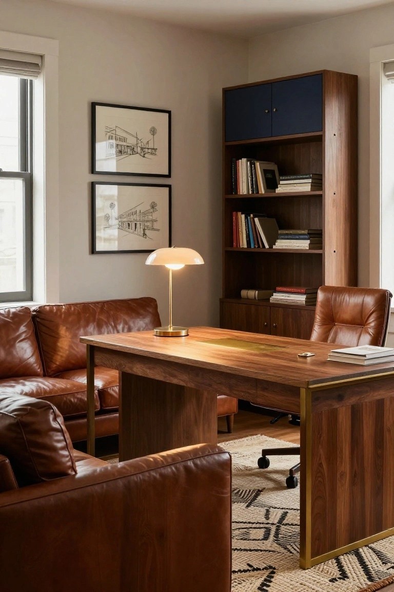 Home office with brown leather sofas arranged around a wooden desk with brass edges, navy-topped bookshelves, tan leather chairs, and a lamp on beige walls.