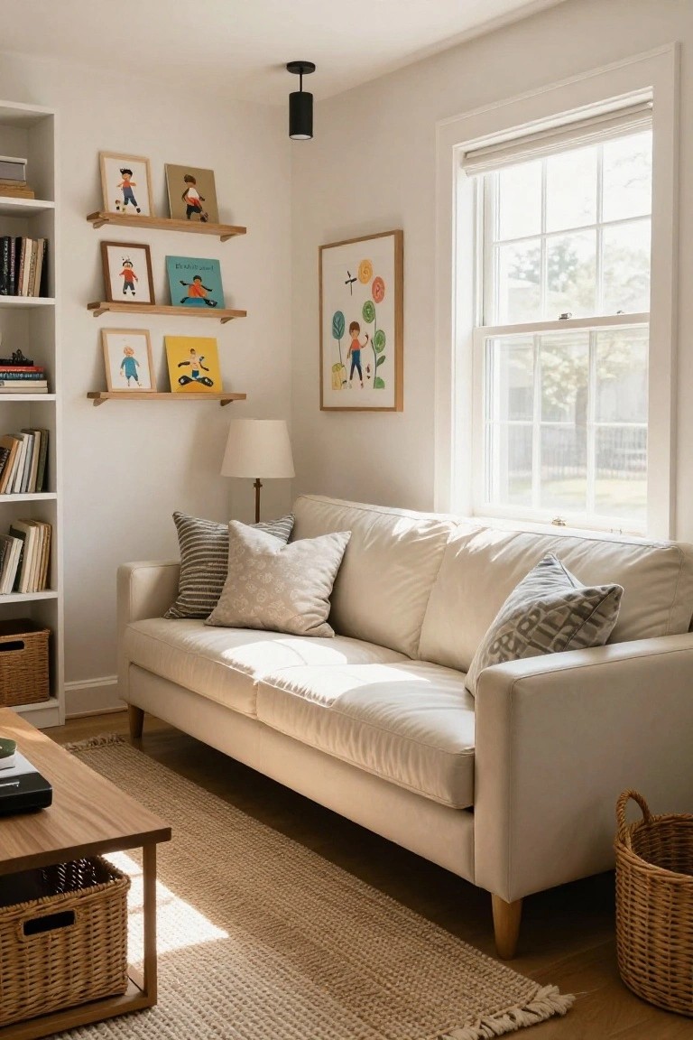 A cream leather sofa with striped and patterned pillows sits in a light room featuring white bookshelves, wooden floating shelves with framed children's artwork and books, a wooden coffee table with baskets, a seagrass rug, and a large window with roller shade.