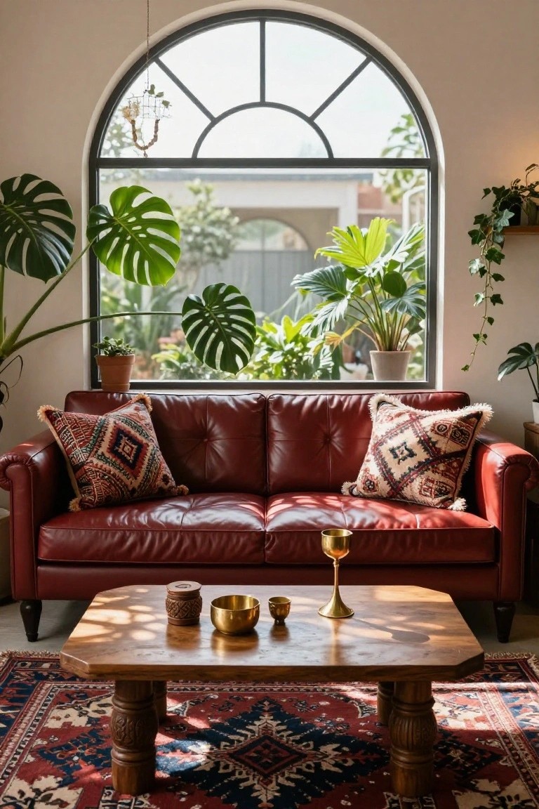Red Leather Sofa with Patterned Pillows