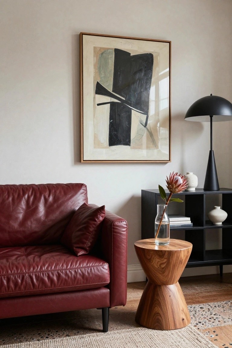 Red leather sofa in a living room next to a wooden drum stool table, with a black shelving unit holding a protea flower in a vase, white ceramic pots, books, abstract painting on wall, and black arched lamp.