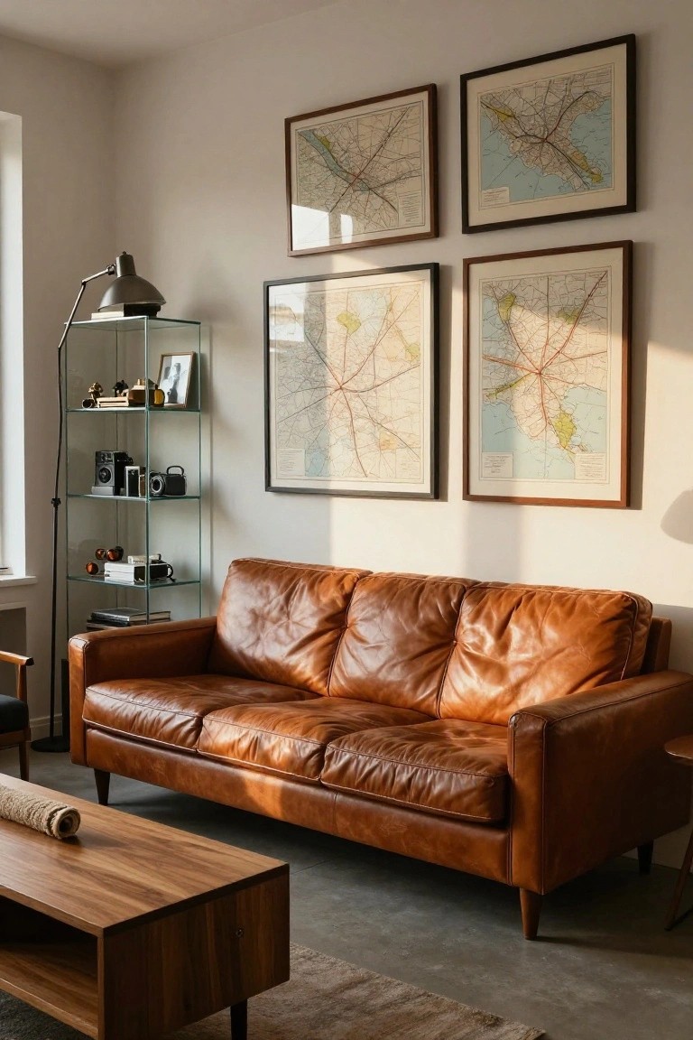 A tan three-seat leather sofa in a sunlit living room with white walls, four framed vintage maps, a glass shelving unit holding cameras and books, a wooden coffee table, and an adjustable lamp nearby.