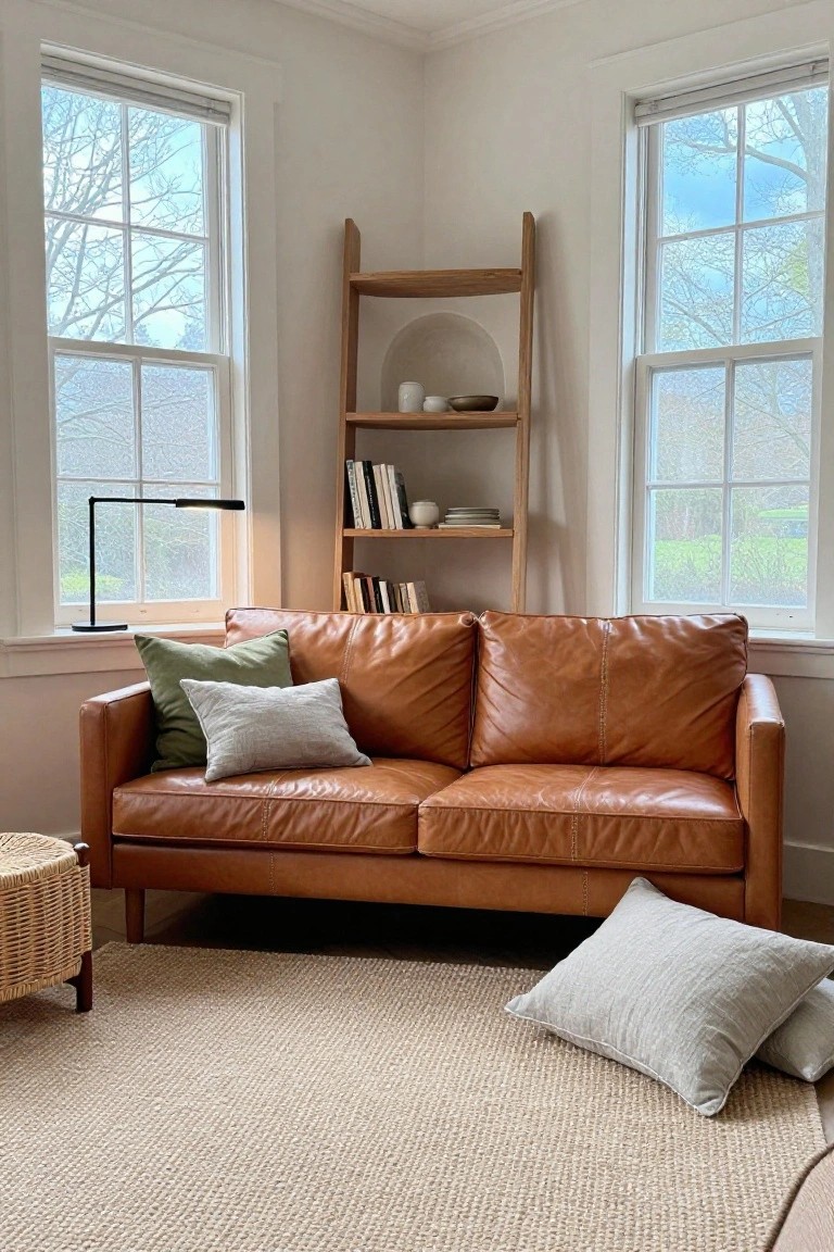 Corner of a living room with a tan leather sofa topped with green, white, and gray pillows, a wooden ladder shelf with books and ceramics, a black task lamp, a wicker stool, and large windows showing trees outside.