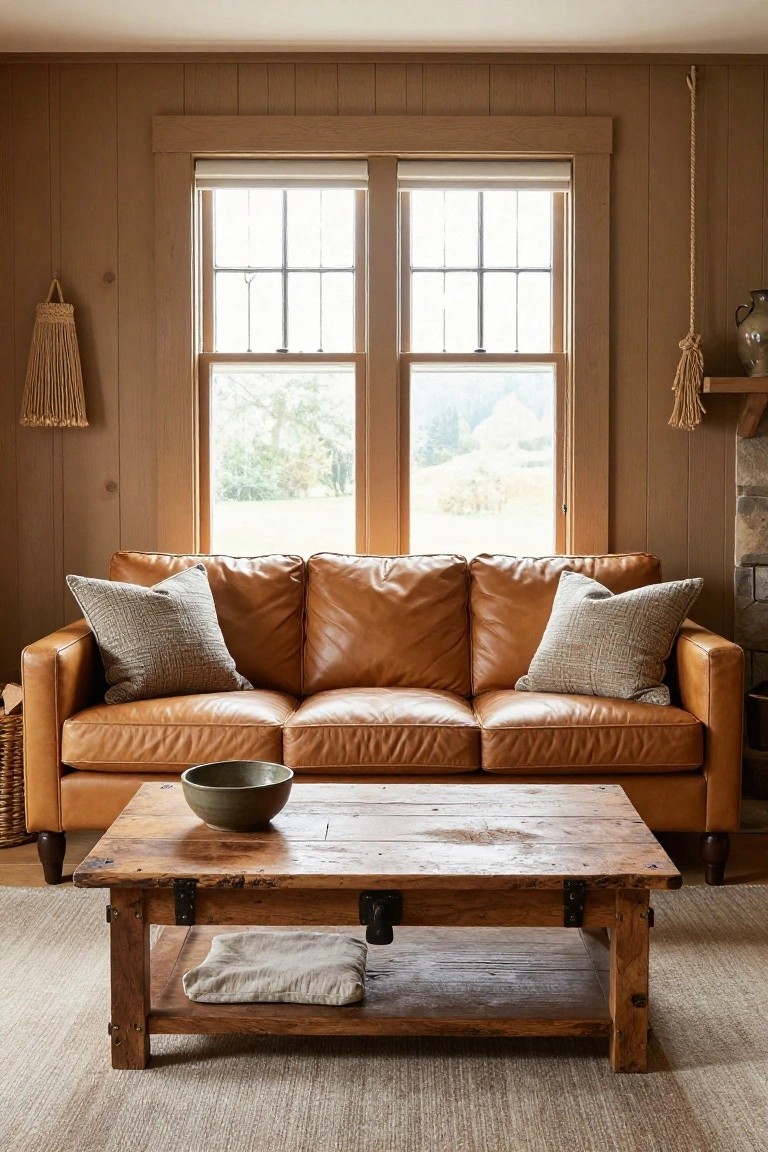 Tan three-seater leather sofa in a wood-paneled living room with large windows showing trees outside, rustic wood coffee table with green bowl, neutral pillows, seagrass rug, and hanging rope decor on walls.