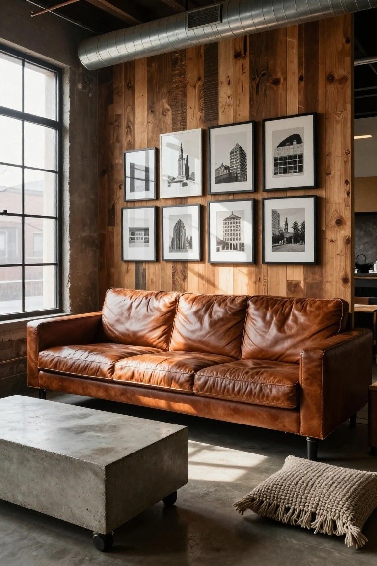 Tan three-seater leather sofa in front of wood-paneled wall with nine black-framed black-and-white architectural photos, concrete coffee table, and floor pillow in industrial-style room.