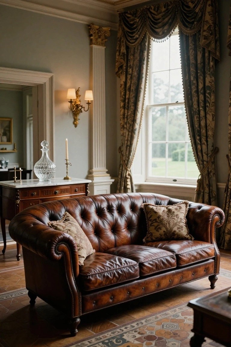 Brown tufted leather Chesterfield sofa in a formal room with pale green walls, gold Corinthian column, brocade drapes on tall windows, marble-topped wooden console table, and parquet floor.
