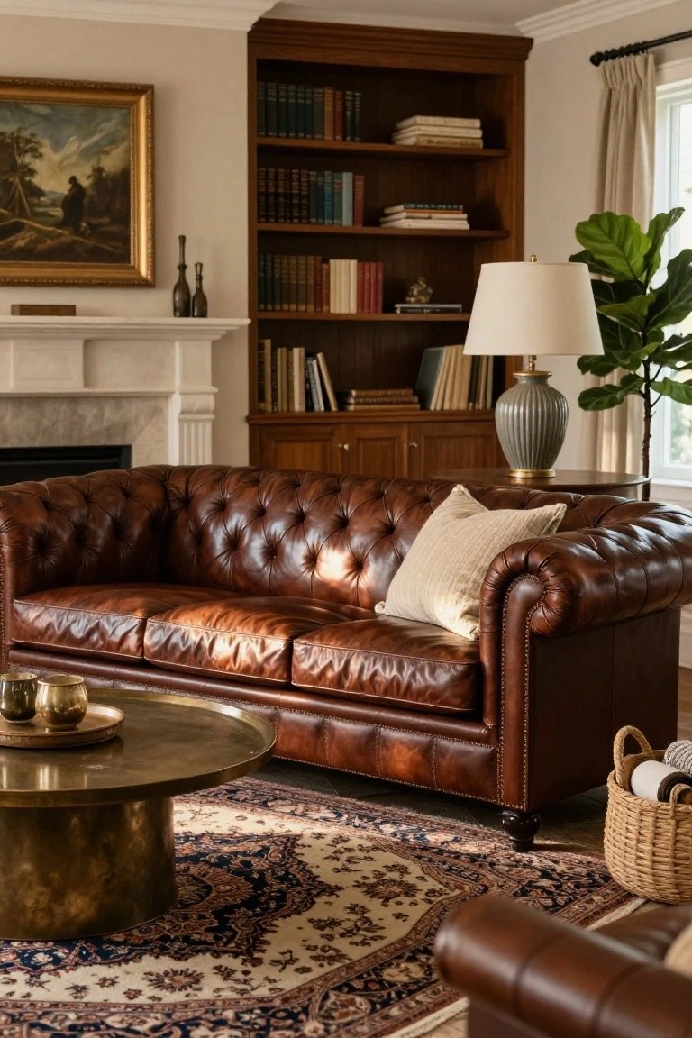 Tufted brown leather Chesterfield sofa in a living room with wood bookshelves, marble fireplace, brass coffee table, Persian rug, and potted fiddle leaf fig plant.