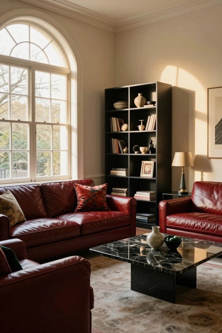 Sunlit living room with red leather sofa, loveseat, and armchair arranged around a black marble coffee table, flanked by a tall black bookshelf and large arched window.