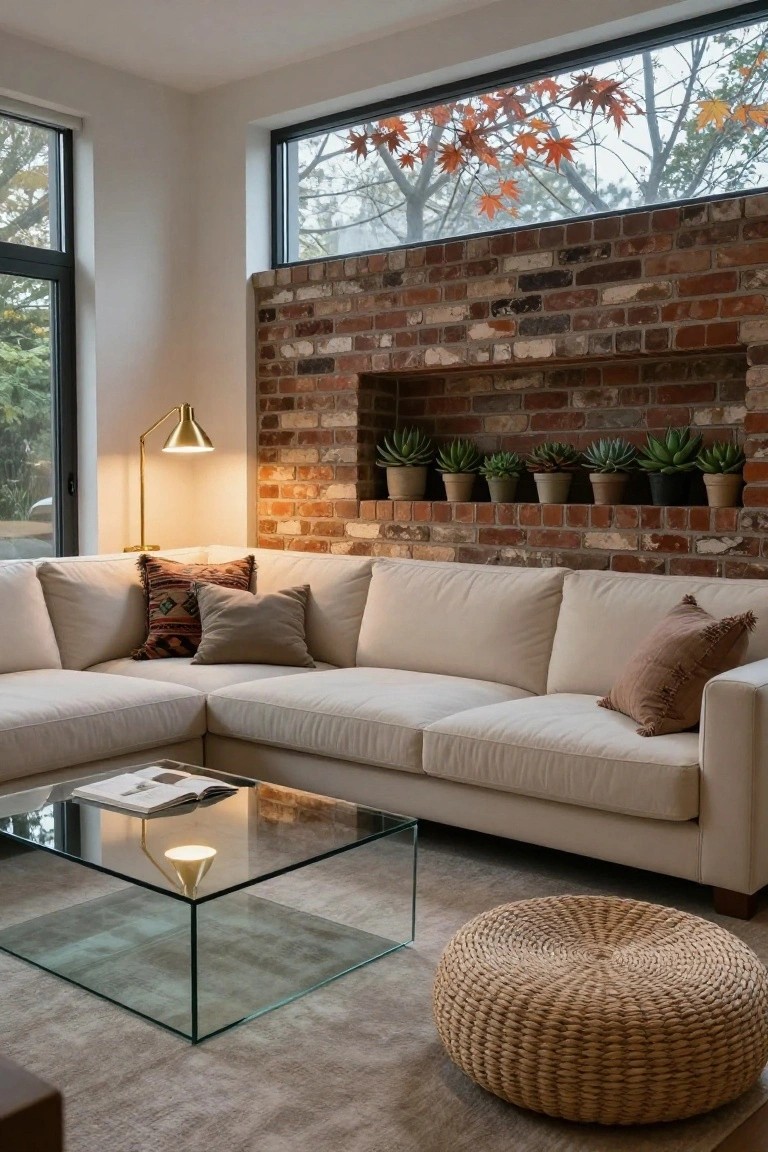 Modern living room with light beige L-shaped sectional sofa, exposed brick wall holding potted succulents, glass coffee table, rattan pouf, gold arc lamp, and large windows showing autumn trees outside.