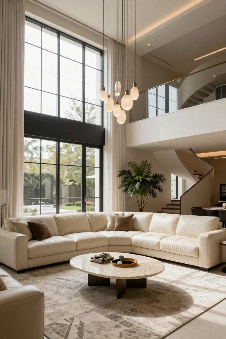 Modern living room featuring a large cream L-shaped leather sectional sofa, round marble coffee table, potted palm plant, large windows overlooking greenery, hanging pendant lights, and a curved staircase on a mezzanine level.