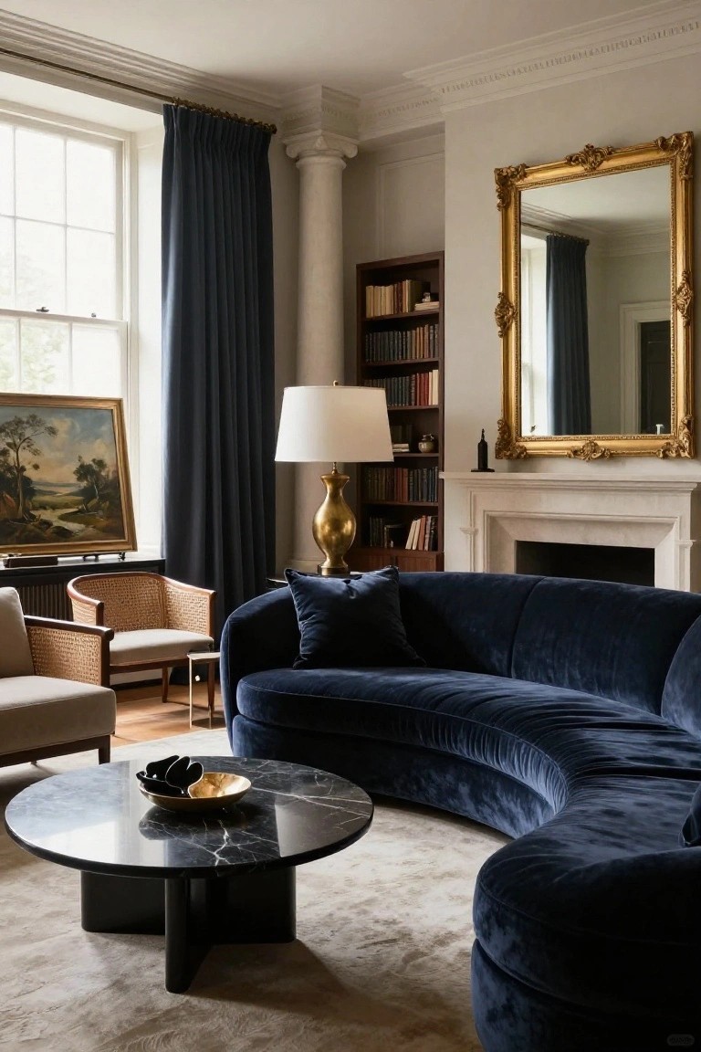 A spacious living room with a curved navy velvet sectional sofa facing a marble fireplace, flanked by rattan armchairs, a black marble coffee table, bookshelves, a gold lamp, and a large gold-framed mirror on the wall.