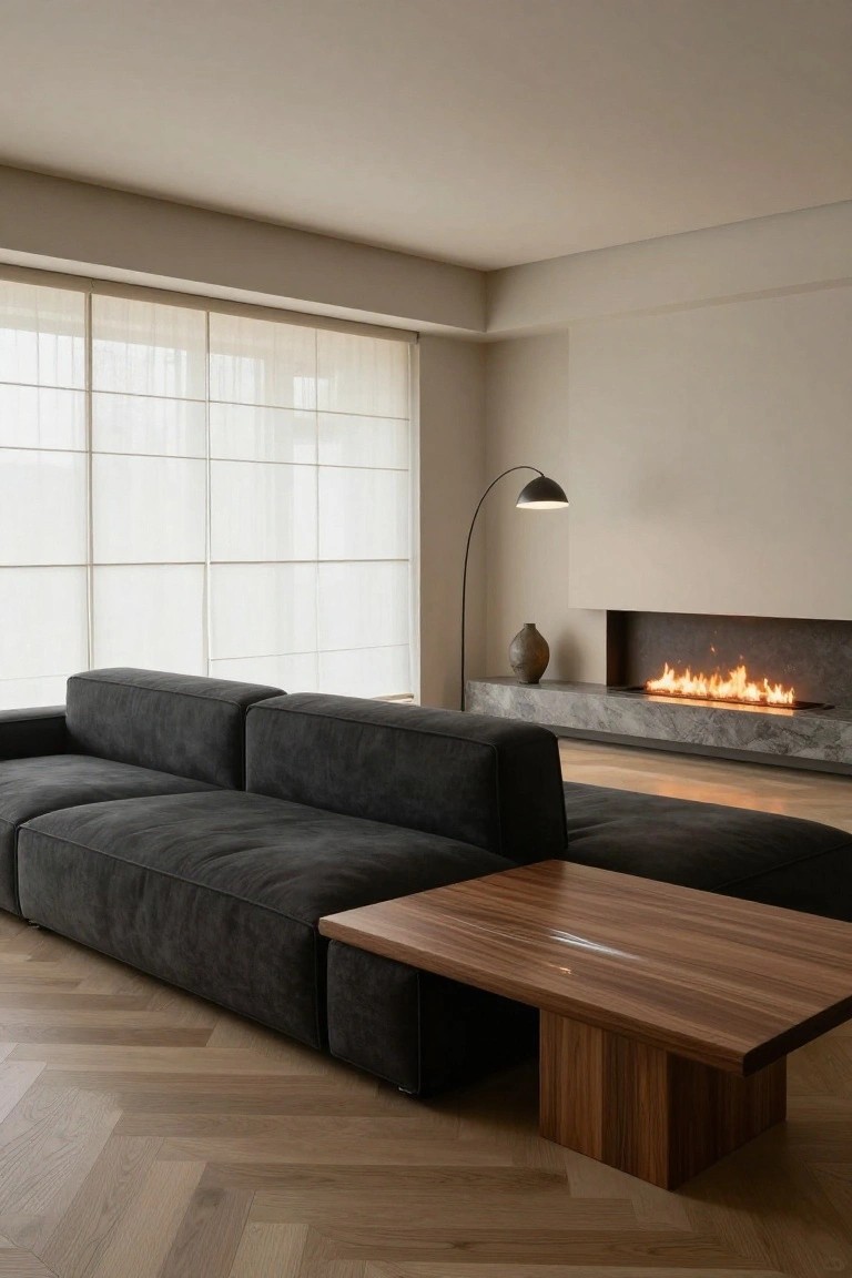 Modern living room with dark gray modular fabric sectional sofa, low rectangular walnut coffee table, arc floor lamp, linear gas fireplace on marble ledge, large sheer-curtained windows, and herringbone oak floors.