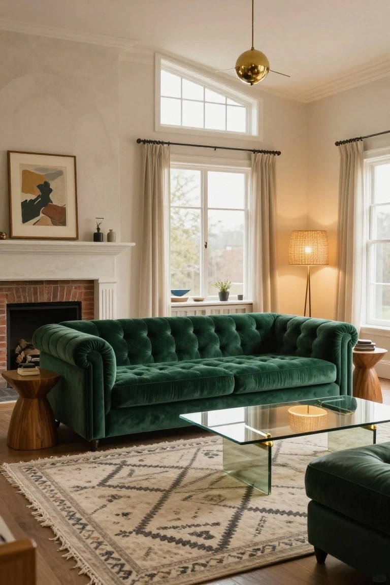 Spacious living room with large emerald green velvet tufted sofa facing brick fireplace, wooden side tables, glass coffee table, beige rug, and tall windows.