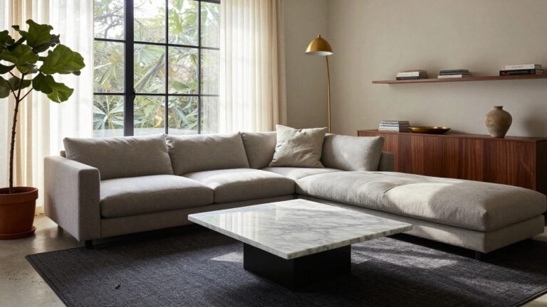 23 Gorgeous Luxury Sectional Sofa Designs For Spacious Living Rooms Modern living room with large light gray L-shaped sectional sofa facing large black-framed windows, white marble coffee table on black base, potted fiddle leaf fig plant, wooden bookshelves, and beige curtains.