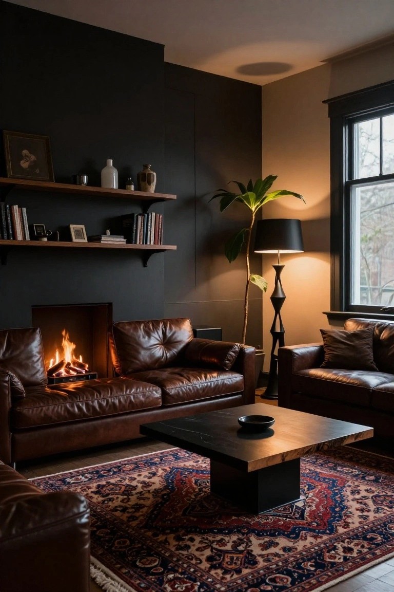 Living room corner with two brown leather sectional sofas arranged around a built-in fireplace, dark walls, wooden shelves with books and decor, potted plant, black floor lamp, low wooden coffee table, and patterned rug on hardwood floor.