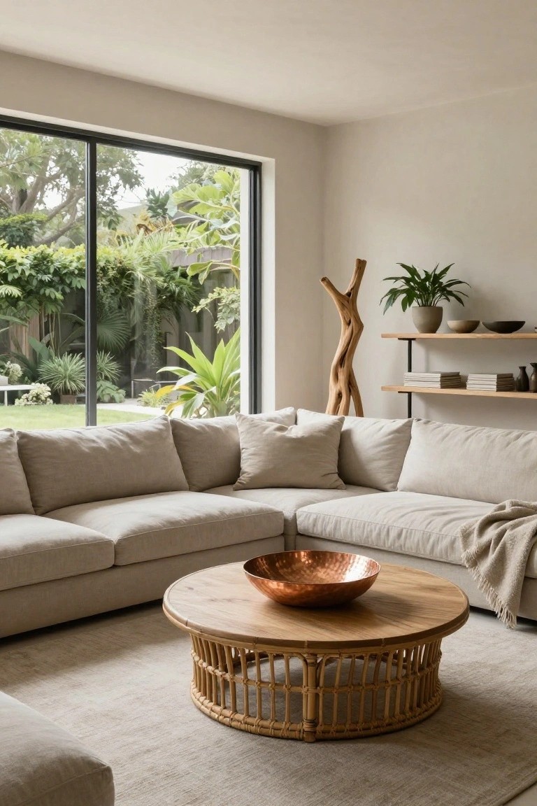Spacious living room interior with light beige L-shaped sectional sofa, rattan coffee table holding copper bowl, wooden floor lamp, shelves with plants and ceramics, and large windows showing lush garden outside.