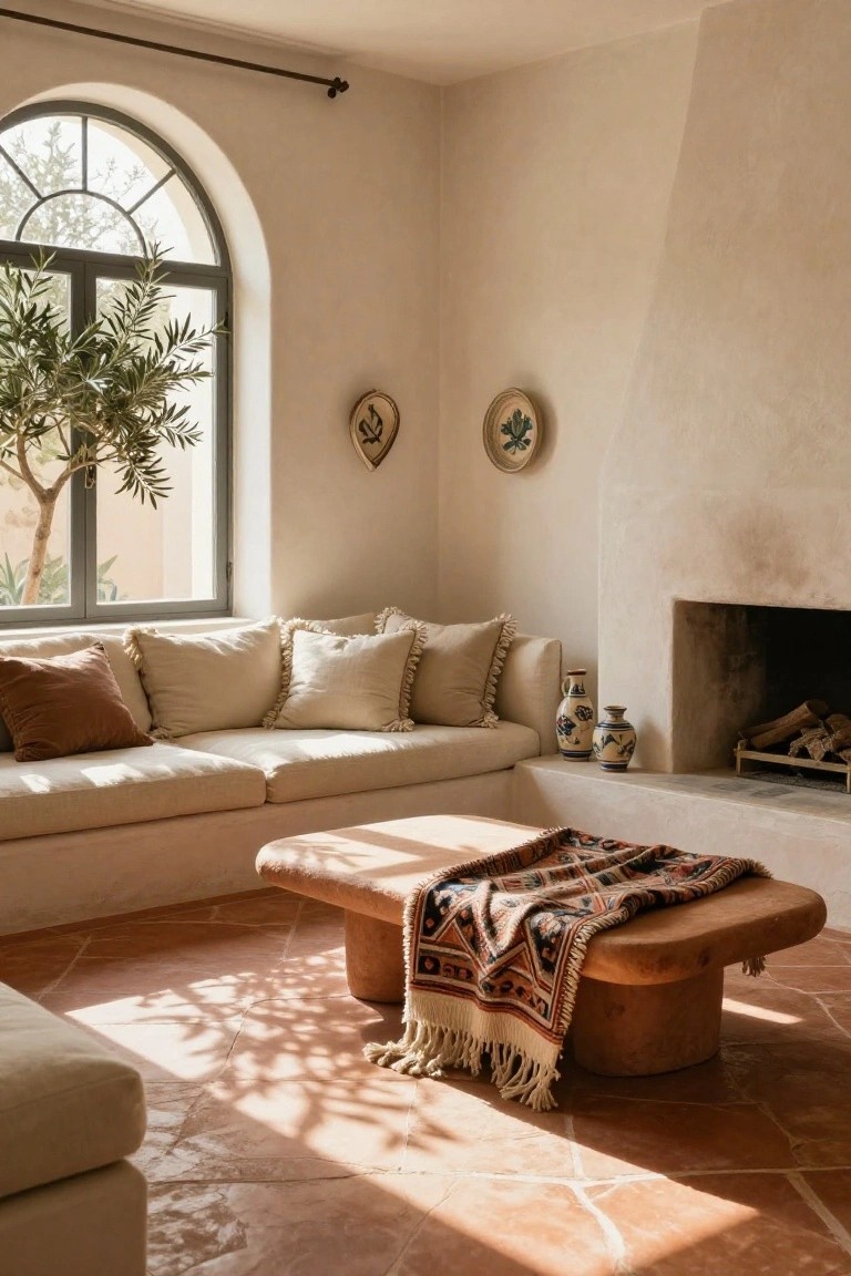 Sunlit living room corner with low-profile beige sectional sofa against white walls, fringed pillows, terracotta tile floor, low wooden coffee table draped with patterned rug, arched window with olive tree view, and simple fireplace.