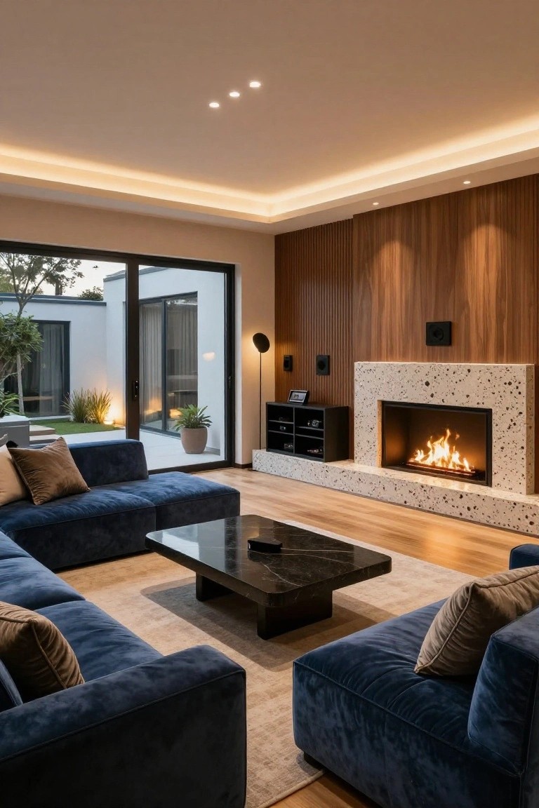 Modern living room featuring a large navy blue velvet L-shaped sectional sofa facing a speckled white stone fireplace, with a black marble coffee table, wood-paneled walls, and sliding glass doors opening to a garden courtyard.