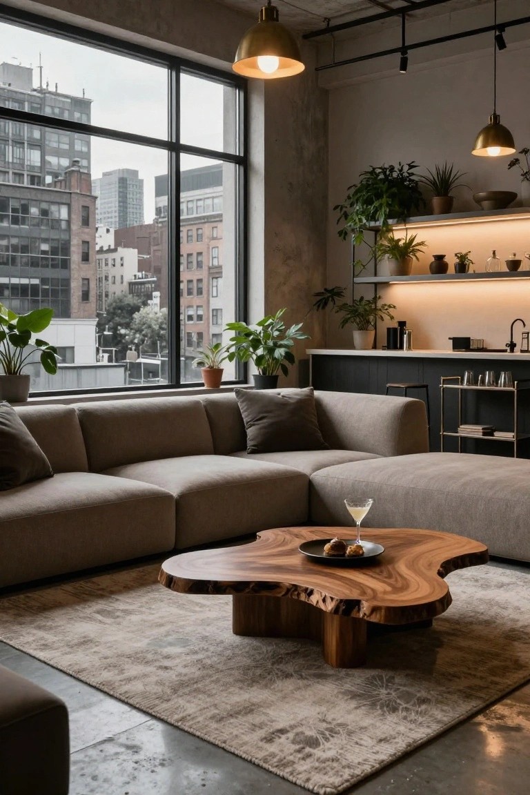 Beige L-shaped sectional sofa in a modern industrial loft living room with live-edge wooden coffee table, plants, kitchen bar, and large windows showing city skyline.