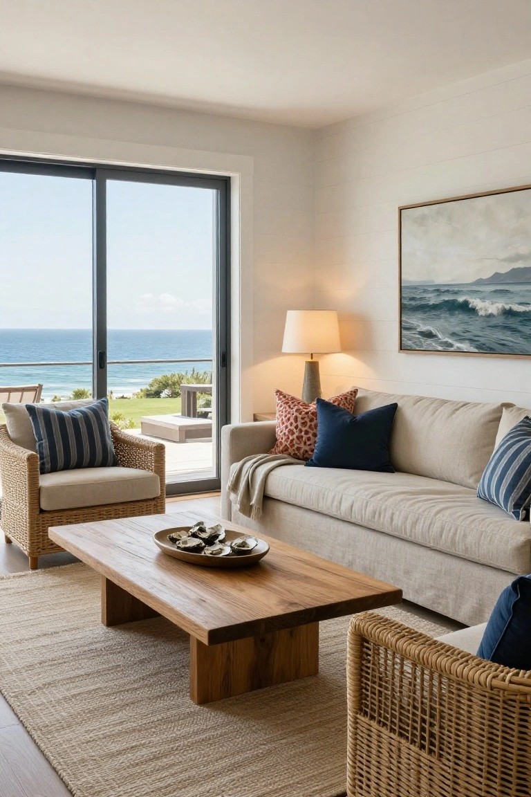 Spacious living room with light beige linen sectional sofa piled with blue, coral, and striped pillows, wooden coffee table holding oyster shells, rattan armchairs, lamp, and sliding glass doors to ocean view.