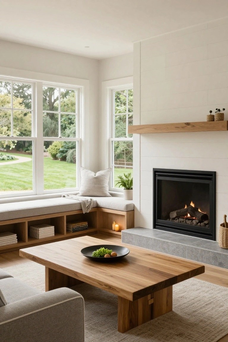 Modern living room with light gray low-profile sectional sofa, oak coffee table with black plate of fruit, built-in wooden window seat bench with cushions and bookshelves, gas fireplace with gray hearth, and large windows showing garden view.