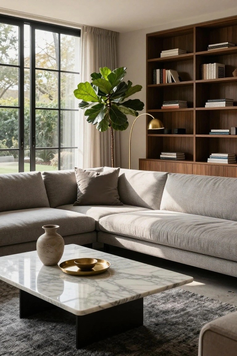 Modern living room with large light gray L-shaped sectional sofa facing large black-framed windows, white marble coffee table on black base, potted fiddle leaf fig plant, wooden bookshelves, and beige curtains.