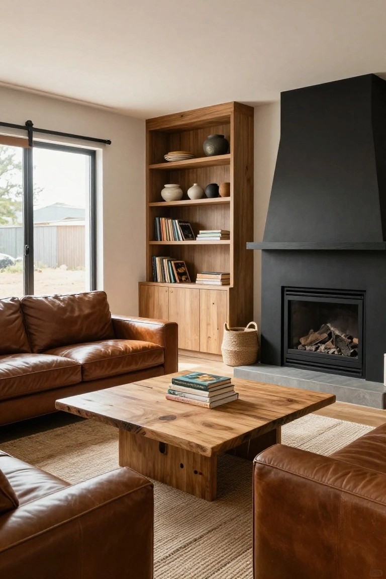 Spacious living room with tan leather L-shaped sectional sofa, two matching armchairs, rectangular wooden coffee table, woven basket, wooden bookshelves, and black modern fireplace with burning logs.