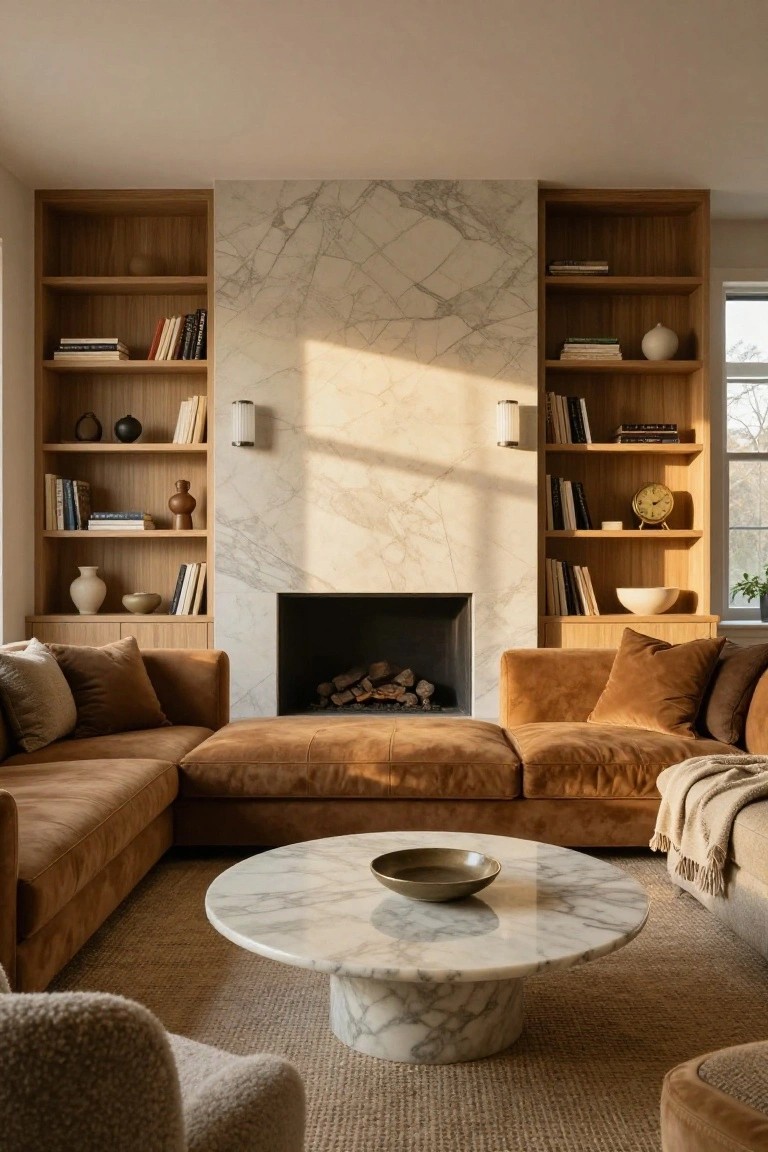 Spacious living room with brown velvet L-shaped sectional sofa facing marble fireplace between wooden bookshelves, marble coffee table in center, and natural light from window.