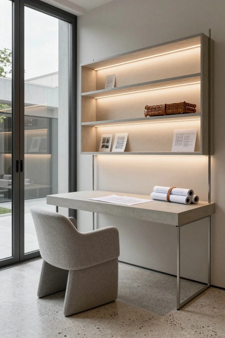 Modern home office featuring a concrete desk with rolled blueprints, open wooden shelves lit by LED strips on a light gray wall unit, gray fabric chair, and sliding glass doors overlooking a garden.