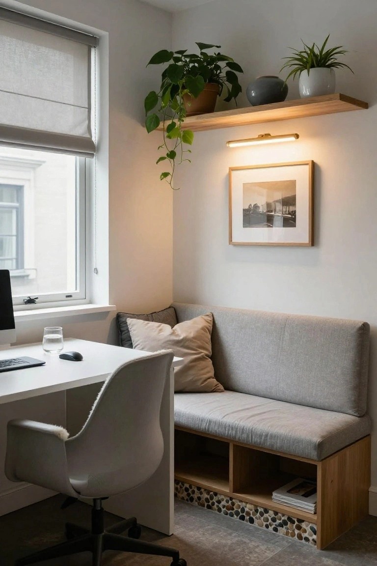 Modern home office with a white desk, gray sofa, plants, and wooden shelves.