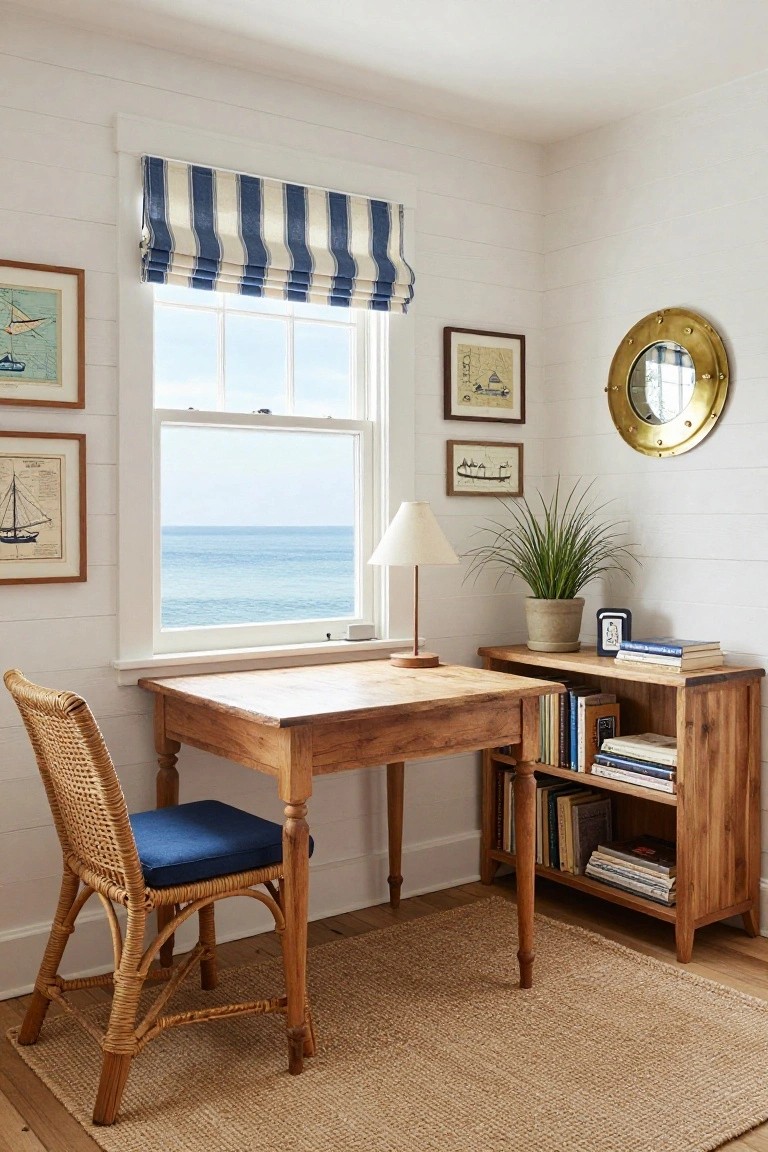 Cozy corner home office with white shiplap walls, wooden desk and matching bookshelf unit, rattan chair with blue cushion, nautical framed prints, porthole mirror, potted plant, table lamp, and large window with blue-and-white striped roman shade overlooking the ocean.