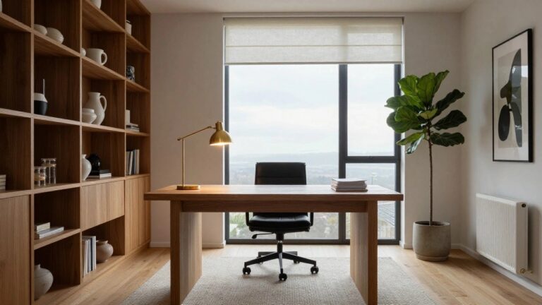 Home office featuring wooden bookshelves filled with books and ceramics, a large rectangular wooden desk with black leather chair, gold desk lamp, white walls, large window with cream curtains and blinds, and a potted fiddle leaf fig plant.
