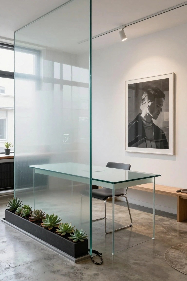 Frosted glass partition enclosing a home office with a glass-top desk, black chair, row of potted succulents at the base, black-and-white portrait on wall, and track lighting overhead.