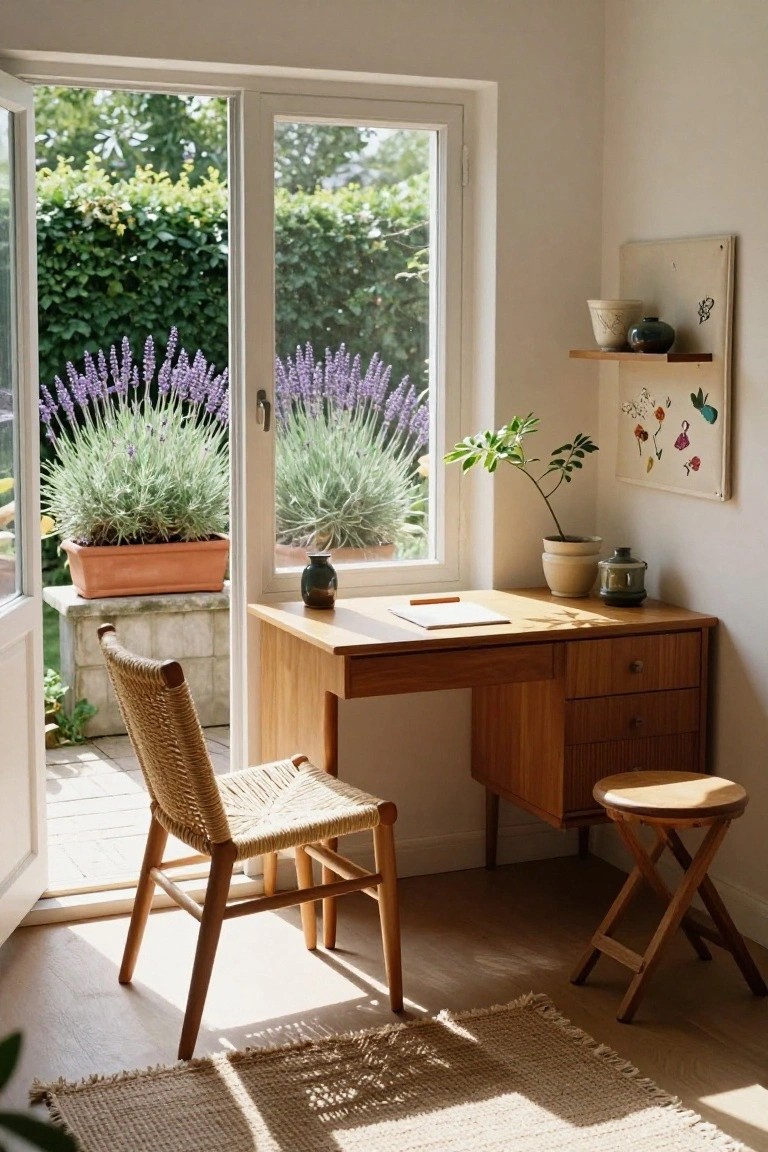 Sunlit home office corner with light wooden desk, rattan chair, tripod stool, potted plants and ceramics on shelves, open French doors to garden patio with lavender in terracotta pot.