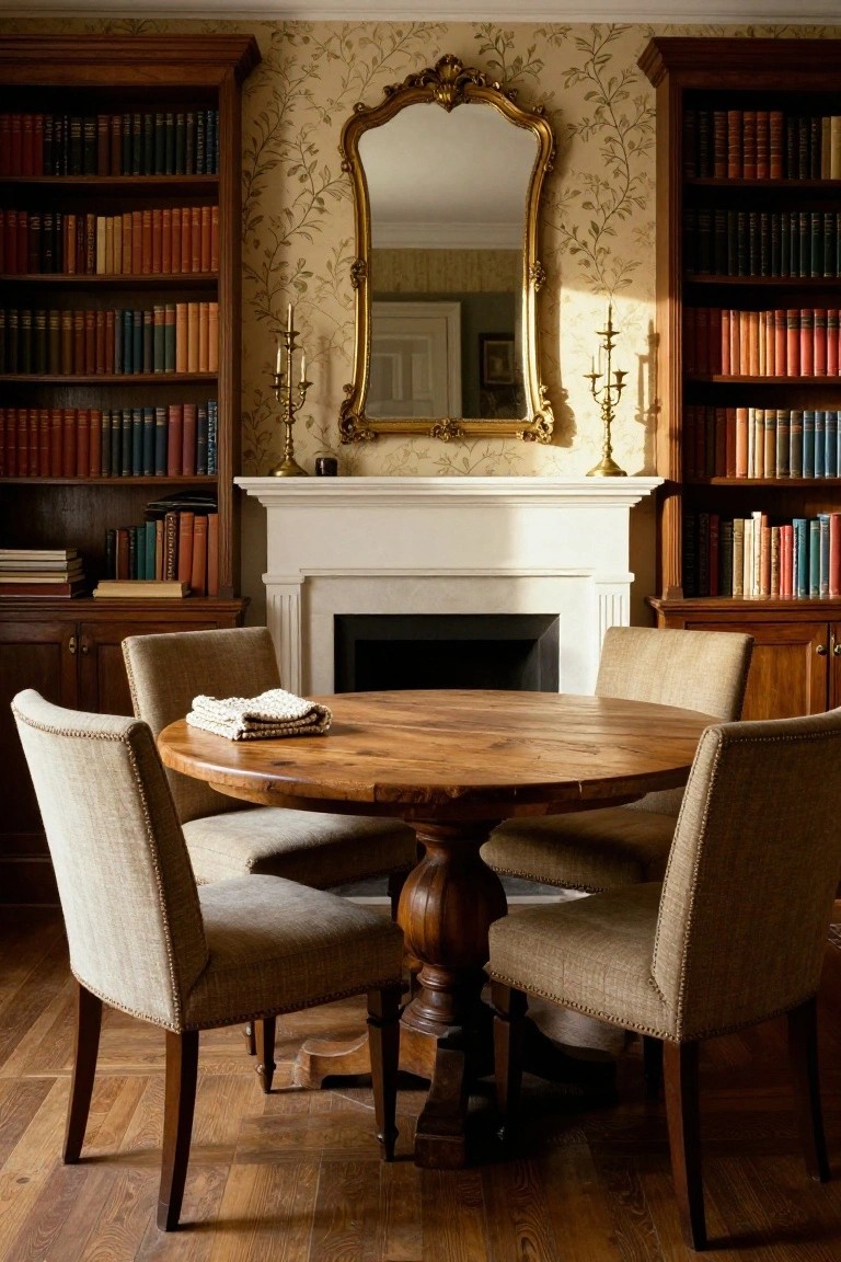 Interior of a wood-paneled library room featuring dark bookshelves filled with books, a round wooden pedestal table with four beige upholstered chairs, a white marble fireplace, and a large gold-framed mirror on the wall.