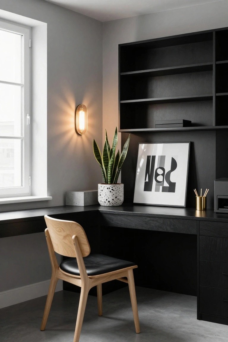 Corner home office with matte black built-in shelving and desk, light wooden chair with black leather seat, snake plant in white polka-dot pot, white-framed abstract wall art, brass pen holder, and wall-mounted bulb lamp next to a white-framed window.