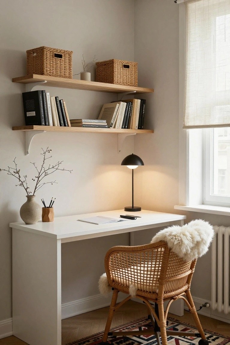 Corner home office with white desk, rattan chair draped in white sheepskin throw, floating oak shelves holding books and two wicker baskets, black dome desk lamp, ceramic vase with branches, and window with sheer curtains.