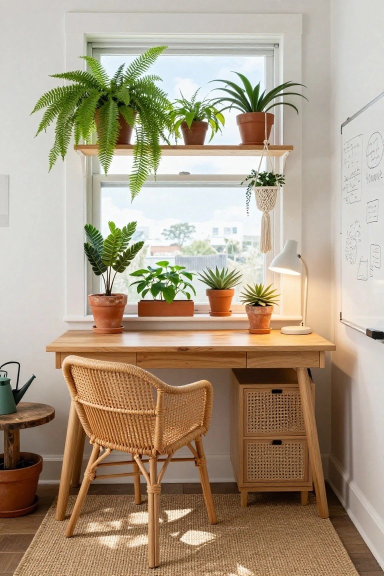 A home office with oak desk and rattan chair under a window ledge holding multiple potted plants including ferns, succulents, and trailing vines, plus a desk lamp, watering can, and nearby whiteboard.